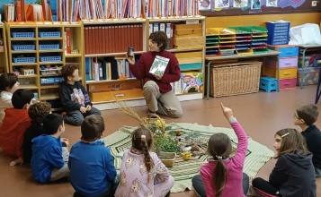 Educadora ambiental parlant de les plantes a l'alumnat en una aula