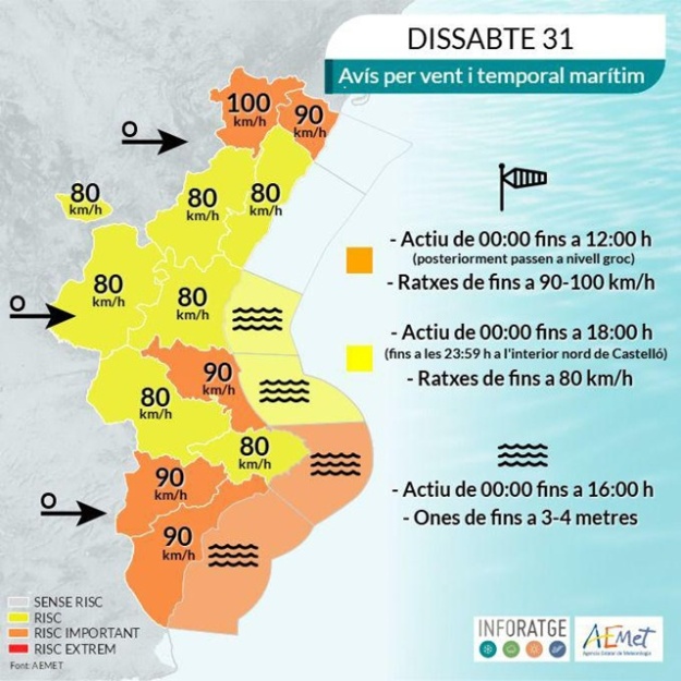 Mapa de la Comunitat Valenciana con las alertas de viento