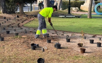 Operaris treballant en les zones verdes del passeig de Cervantes