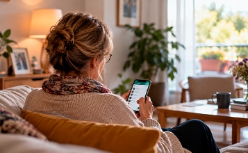 Senyora d'esquena asseguda en el sofà, sola a casa mirant el mòbil