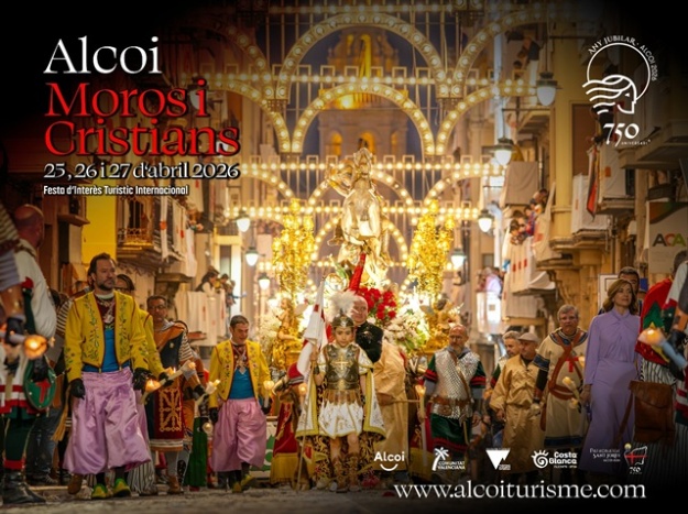 Tanca de Festes d'Alcoi feta a partir d'una fotografia de la processó amb el Sant Jordiet al centre