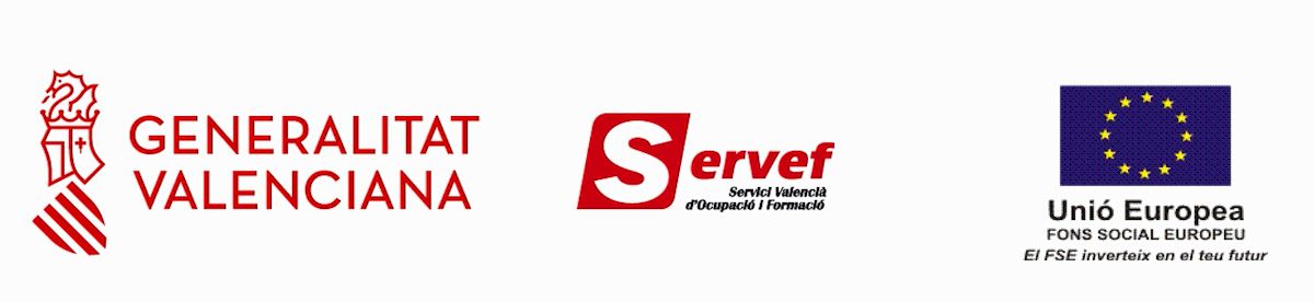 logos Generalitat Valenciana, Servef-Servei Valencià d'Ocupació i Formació, Unió Europea-Fons Social Europeu. El FSE inverteix en el teu futur