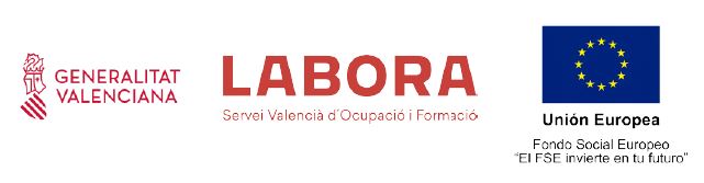 logos Generalitat Valenciana, LABORA-Servei Valencià d'Ocupació i Formació, Unió Europea-Fondo Social Europeo. El FSE invvierte en tu futuro